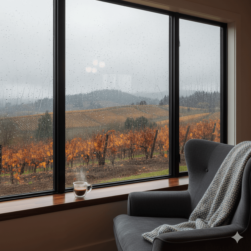 Pacific Northwest Rainy weather outside living room window