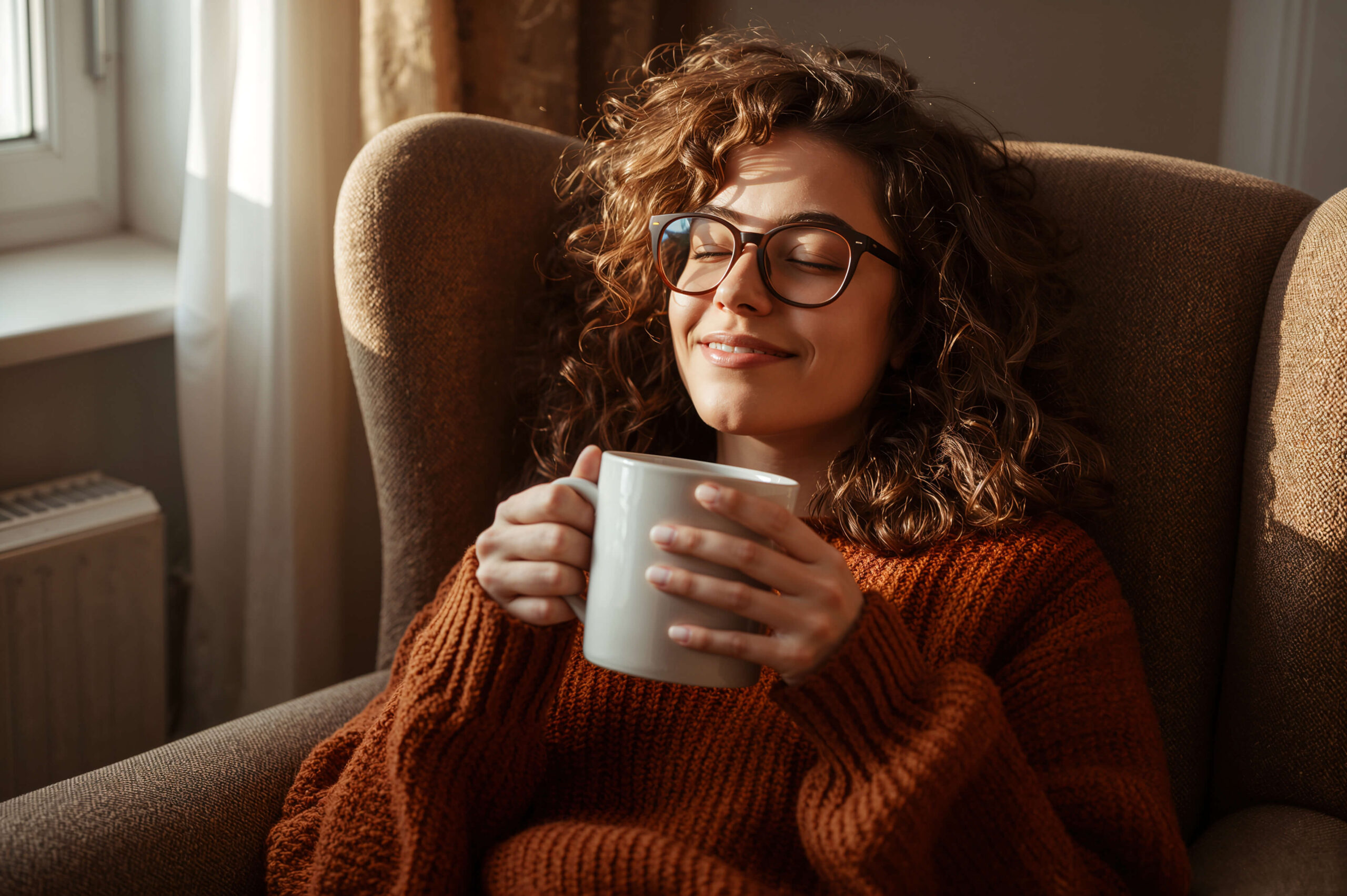 Content young woman enjoying a warm drink in her warm house.